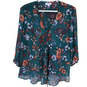 Eyeshadow Floral Ruffle Blouse Large Womens Green Sheer Layered 3/4 Sleeves
